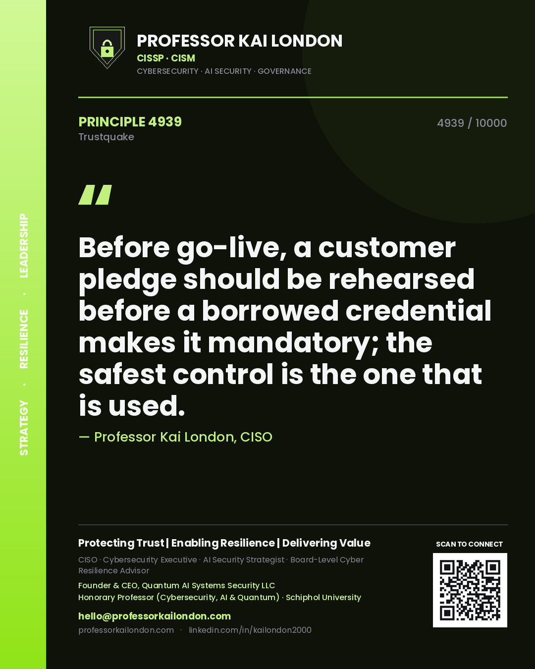 Quote card by Professor Kai London reading 'Before go-live, a customer pledge should be rehearsed before a borrowed credential makes it mandatory; the safest control is the one that is used.'. From the book Trustquake.