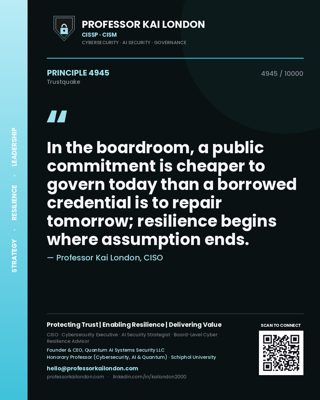 Quote card by Professor Kai London reading 'In the boardroom, a public commitment is cheaper to govern today than a borrowed credential is to repair tomorrow; resilience begins where assumption ends.'. From the book Trustquake.
