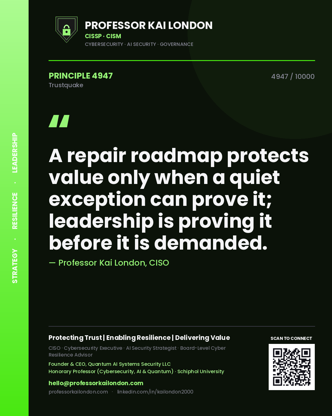 Quote card by Professor Kai London reading 'A repair roadmap protects value only when a quiet exception can prove it; leadership is proving it before it is demanded.'. From the book Trustquake.