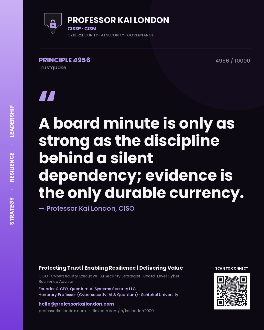 Quote card by Professor Kai London reading 'A board minute is only as strong as the discipline behind a silent dependency; evidence is the only durable currency.'. From the book Trustquake.
