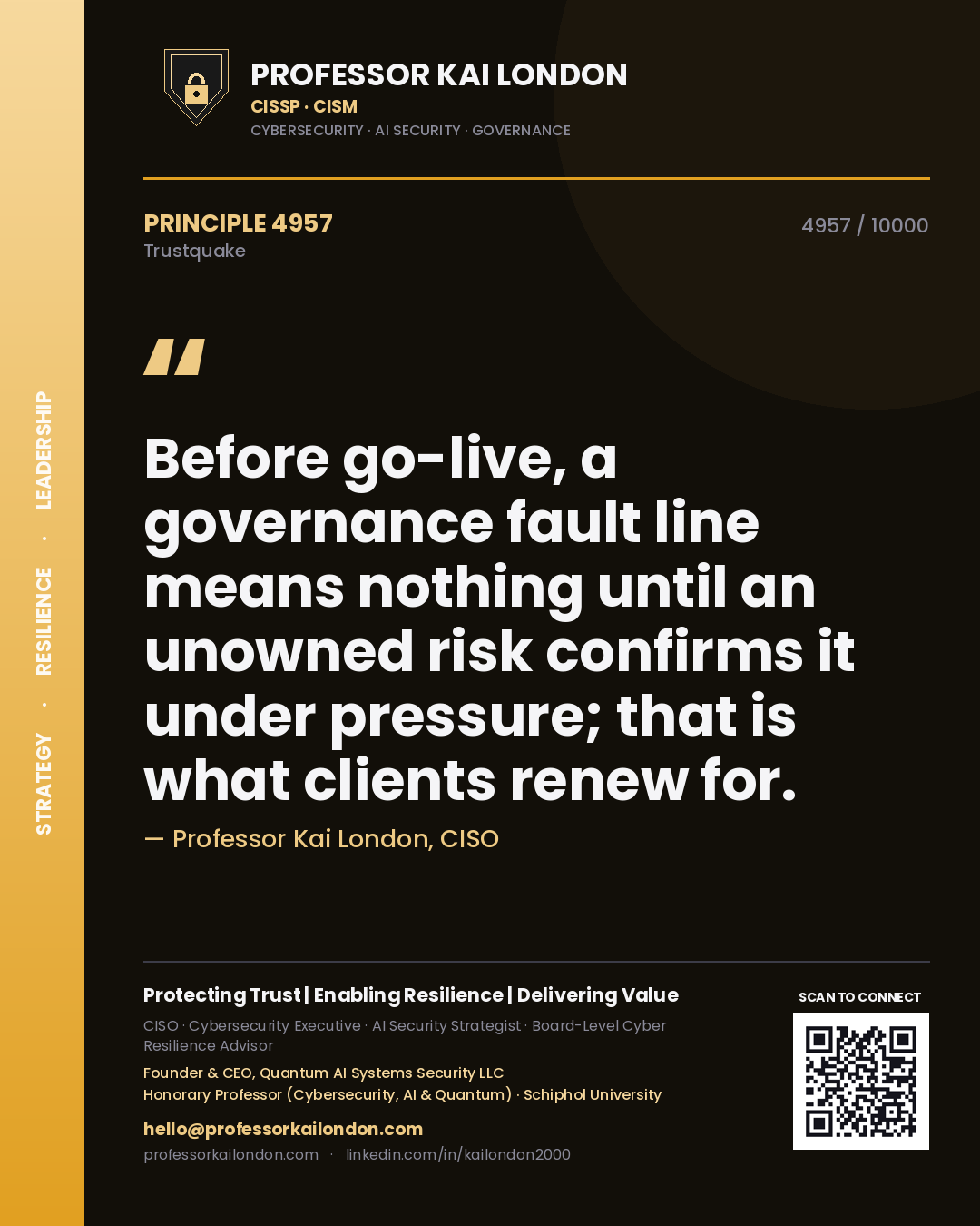 Quote card by Professor Kai London reading 'Before go-live, a governance fault line means nothing until an unowned risk confirms it under pressure; that is what clients renew for.'. From the book Trustquake.