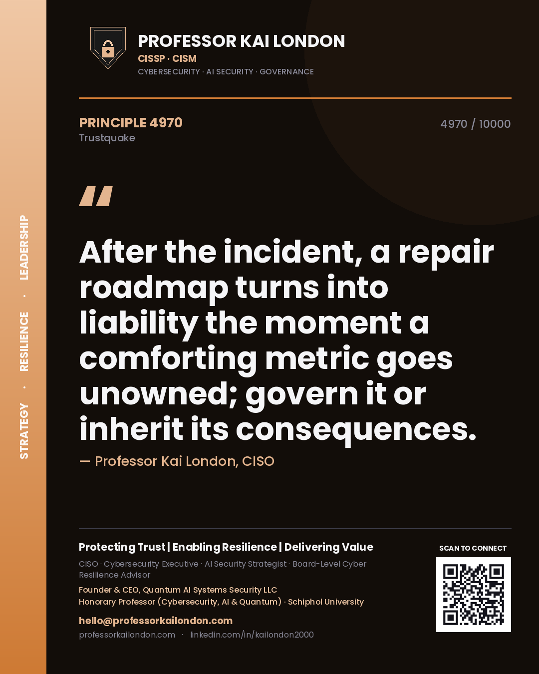 Professor Kai London principle 4970: After the incident, a repair roadmap turns into liability the moment a comforting metric goes unowned; govern it or inherit its consequences.