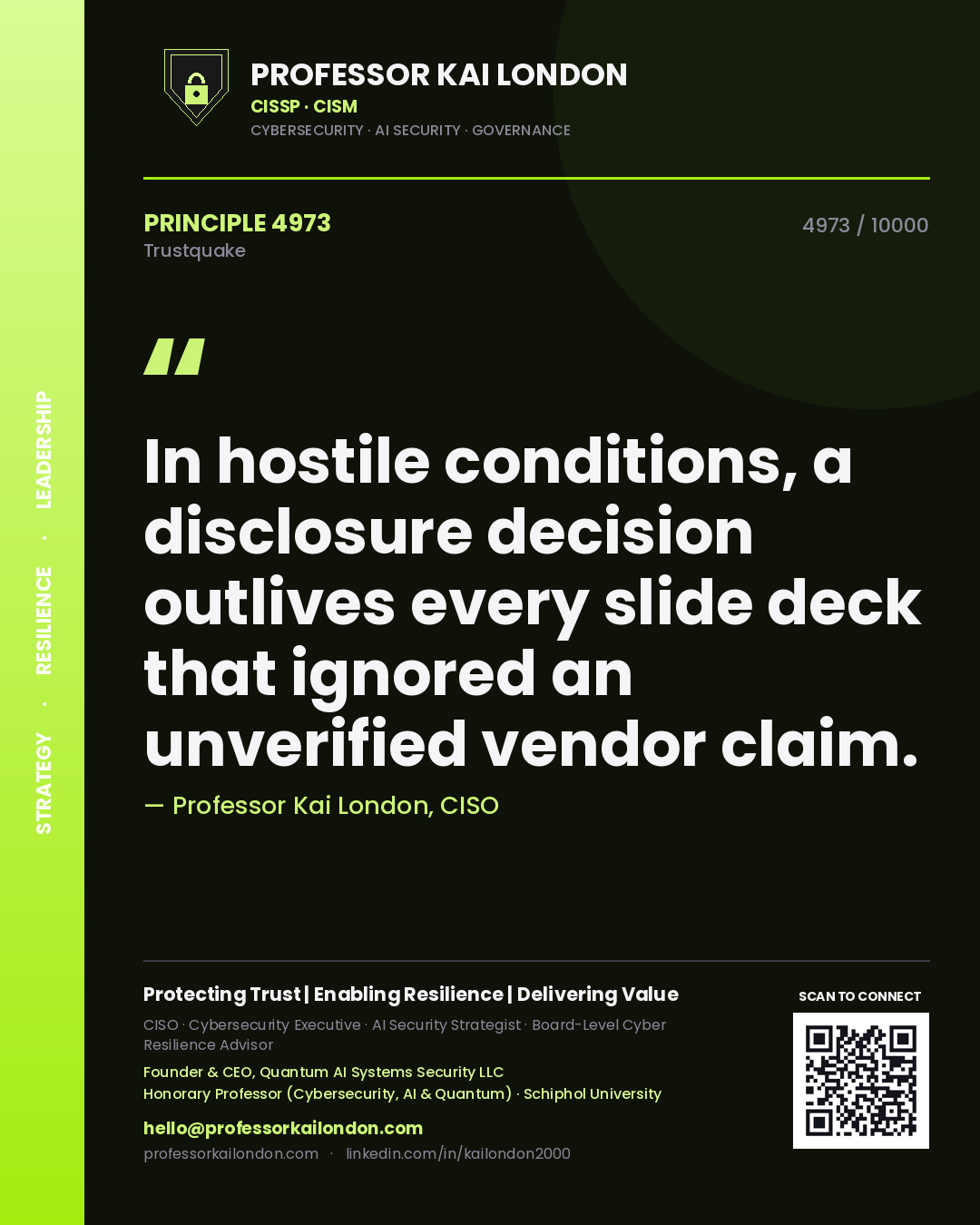 Quote card by Professor Kai London reading 'In hostile conditions, a disclosure decision outlives every slide deck that ignored an unverified vendor claim.'. From the book Trustquake.