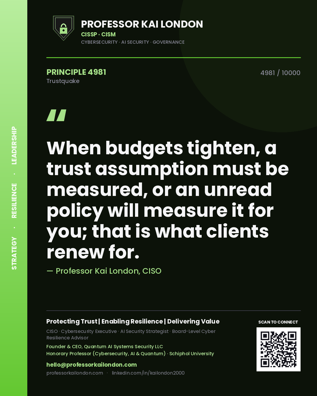 Quote card by Professor Kai London reading 'When budgets tighten, a trust assumption must be measured, or an unread policy will measure it for you; that is what clients renew for.'. From the book Trustquake.