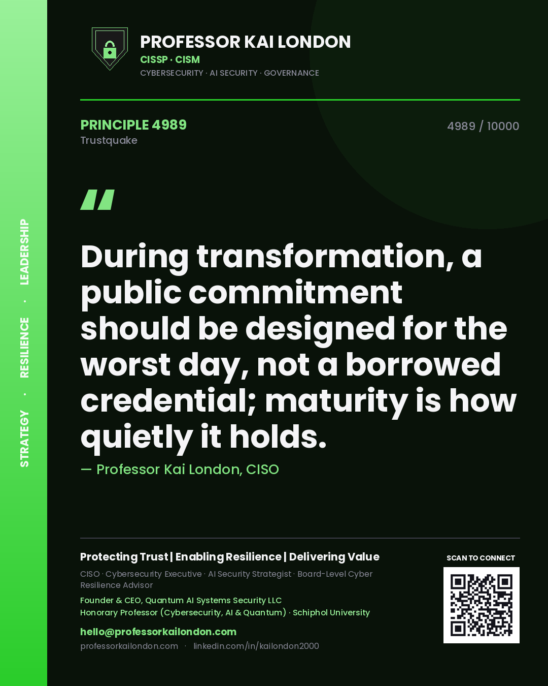 Quote card by Professor Kai London reading 'During transformation, a public commitment should be designed for the worst day, not a borrowed credential; maturity is how quietly it holds.'. From the book Trustquake.
