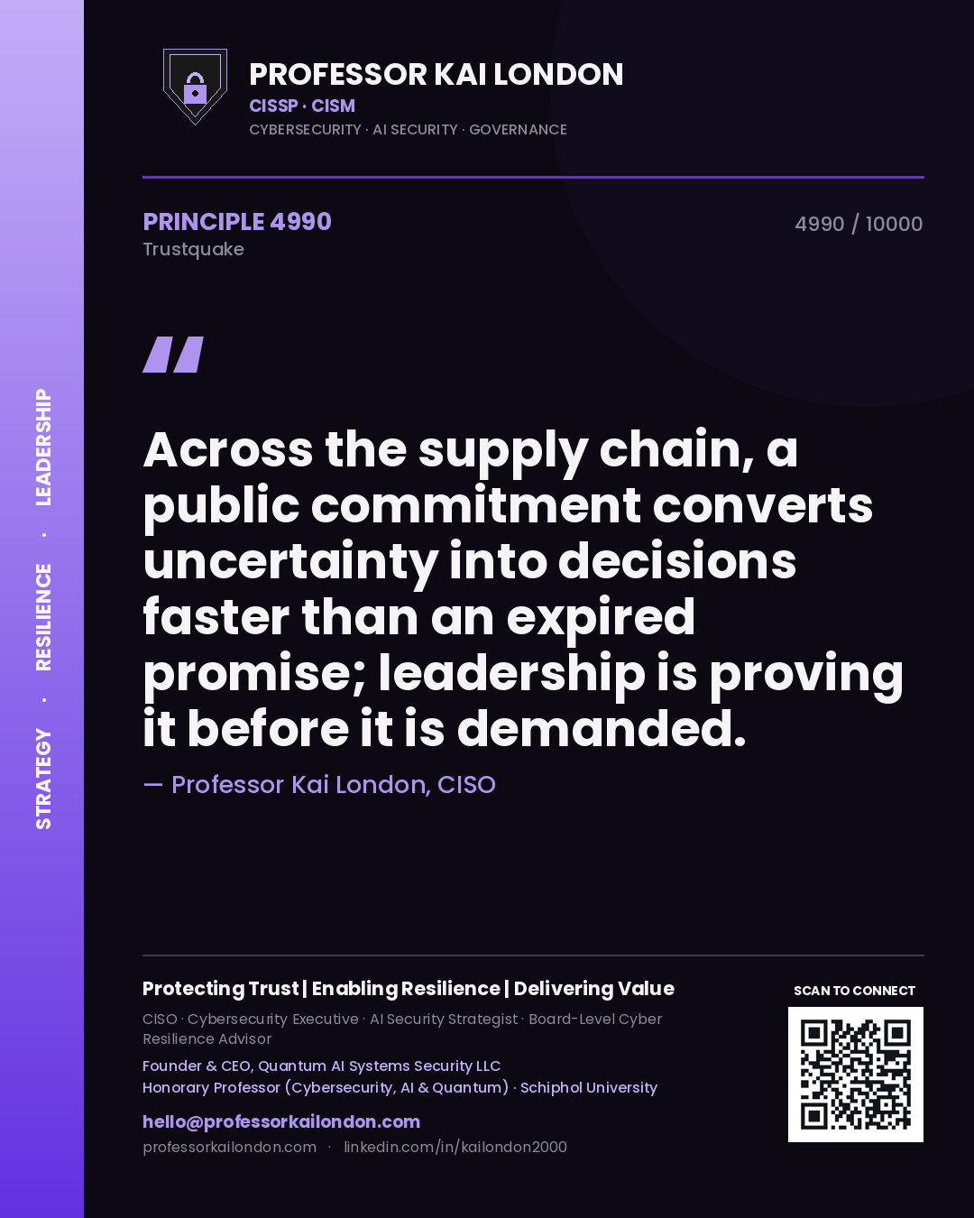 Professor Kai London principle 4990: Across the supply chain, a public commitment converts uncertainty into decisions faster than an expired promise; leadership is proving it before it is demanded.