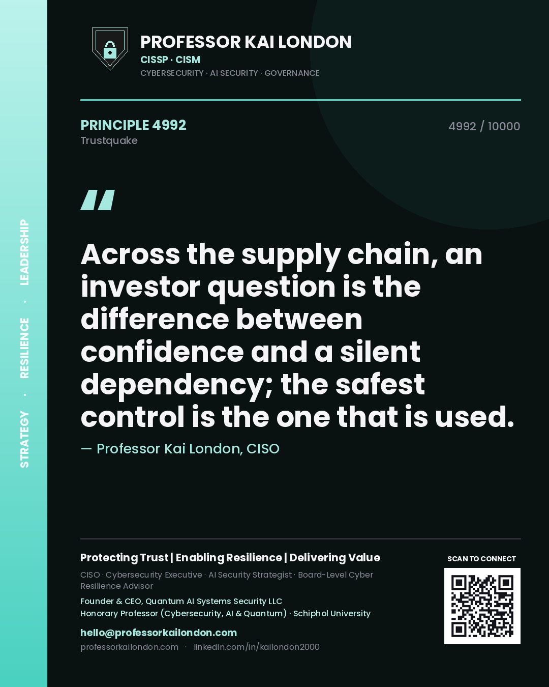 Quote card by Professor Kai London reading 'Across the supply chain, an investor question is the difference between confidence and a silent dependency; the safest control is the one that is used.'. From the book Trustquake.