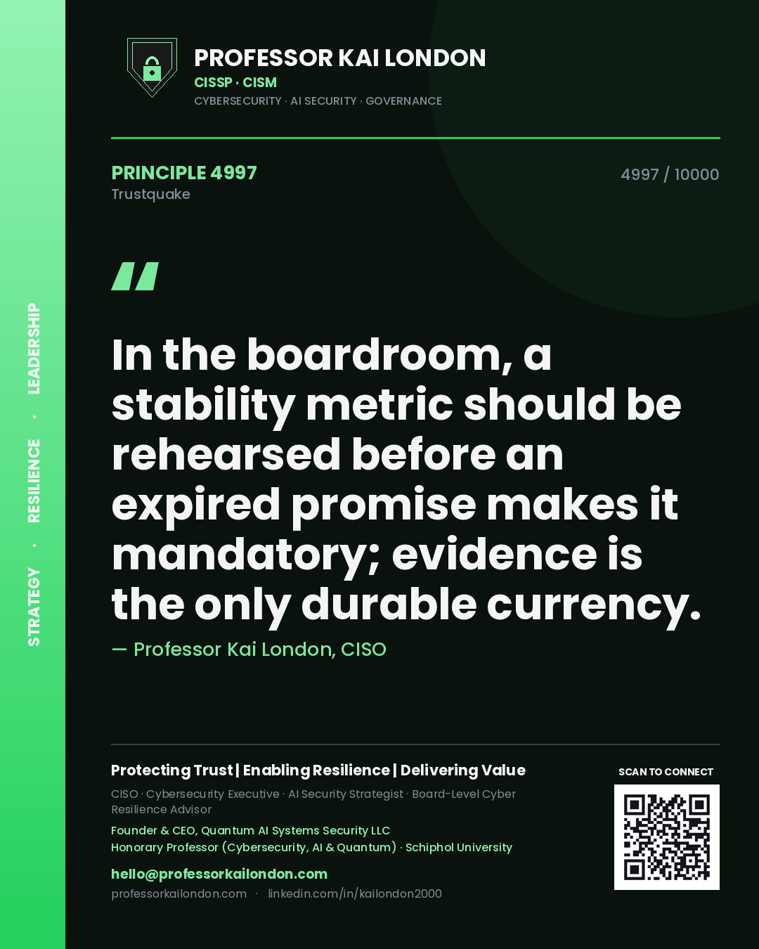 Quote card by Professor Kai London reading 'In the boardroom, a stability metric should be rehearsed before an expired promise makes it mandatory; evidence is the only durable currency.'. From the book Trustquake.