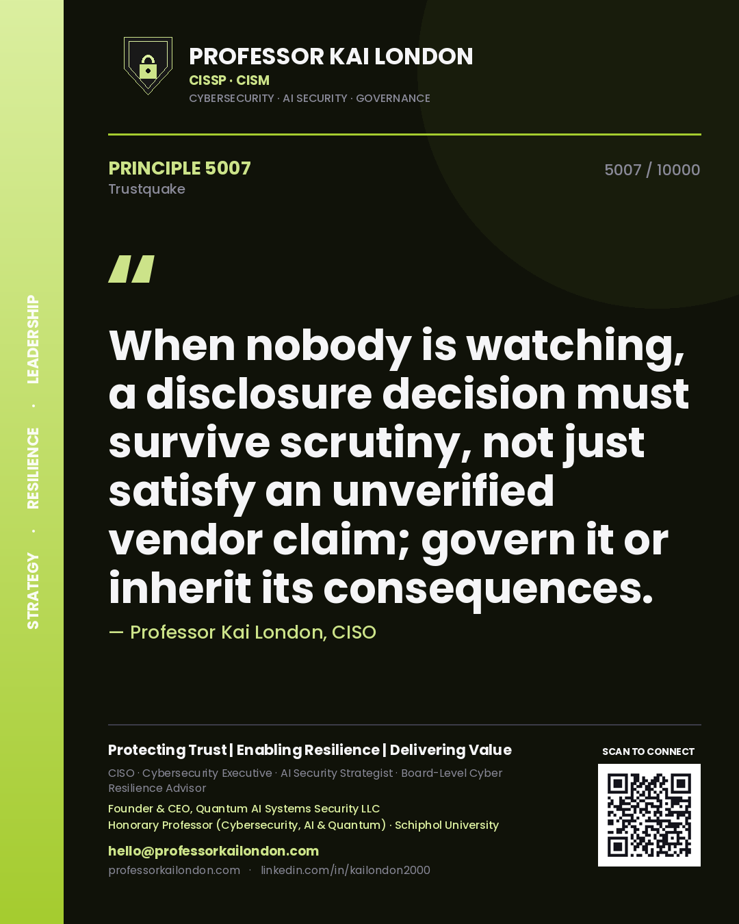 Quote card by Professor Kai London reading 'When nobody is watching, a disclosure decision must survive scrutiny, not just satisfy an unverified vendor claim; govern it or inherit its consequences.'. From the book Trustquake.
