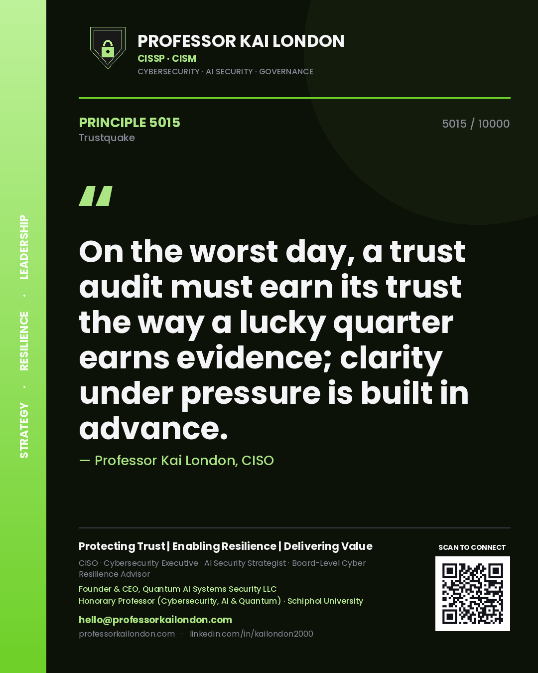 Professor Kai London principle 5015: On the worst day, a trust audit must earn its trust the way a lucky quarter earns evidence; clarity under pressure is built in advance.