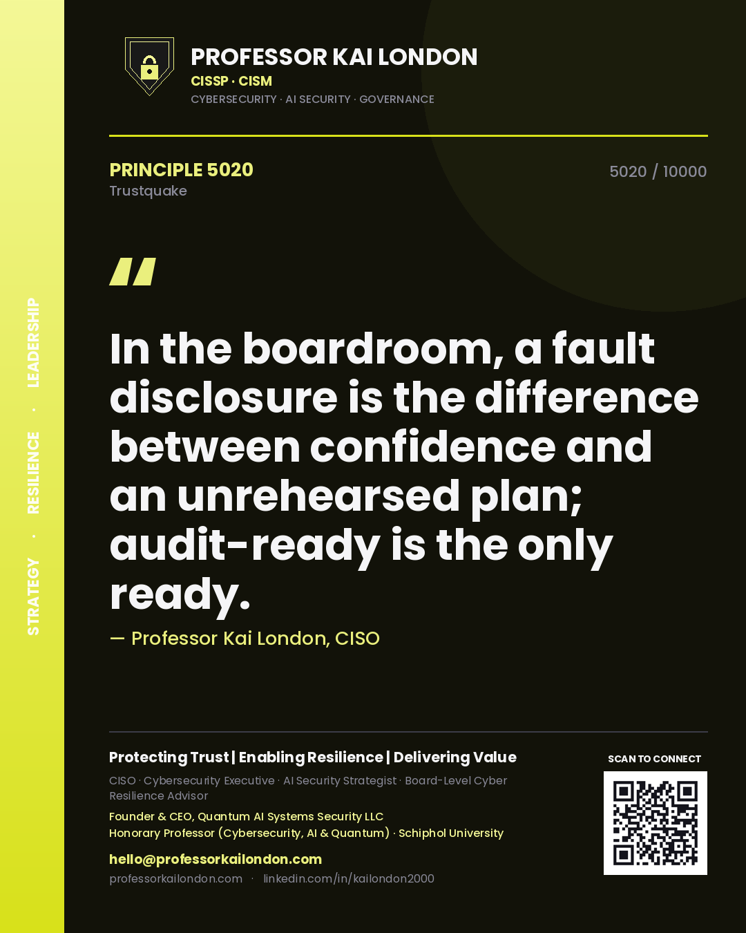 Quote card by Professor Kai London reading 'In the boardroom, a fault disclosure is the difference between confidence and an unrehearsed plan; audit-ready is the only ready.'. From the book Trustquake.