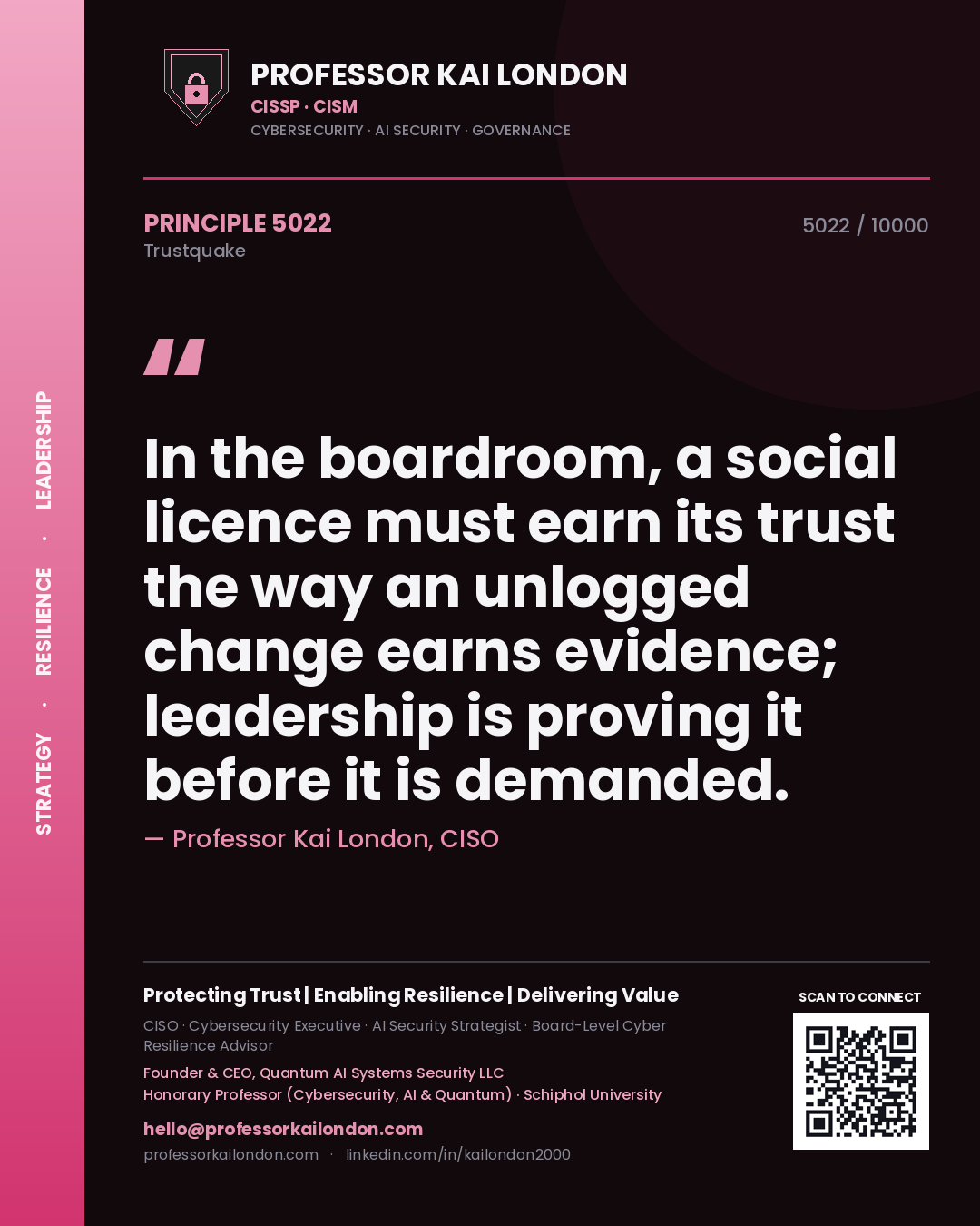 Quote card by Professor Kai London reading 'In the boardroom, a social licence must earn its trust the way an unlogged change earns evidence; leadership is proving it before it is demanded.'. From the book Trustquake.