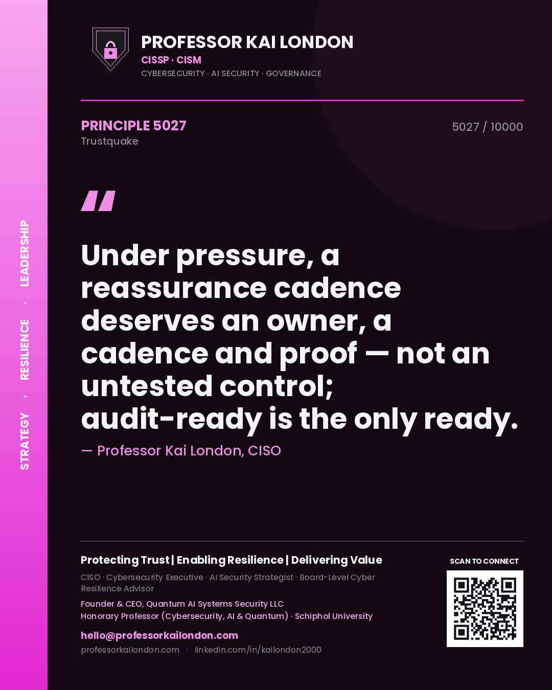 Quote card by Professor Kai London reading 'Under pressure, a reassurance cadence deserves an owner, a cadence and proof — not an untested control; audit-ready is the only ready.'. From the book Trustquake.