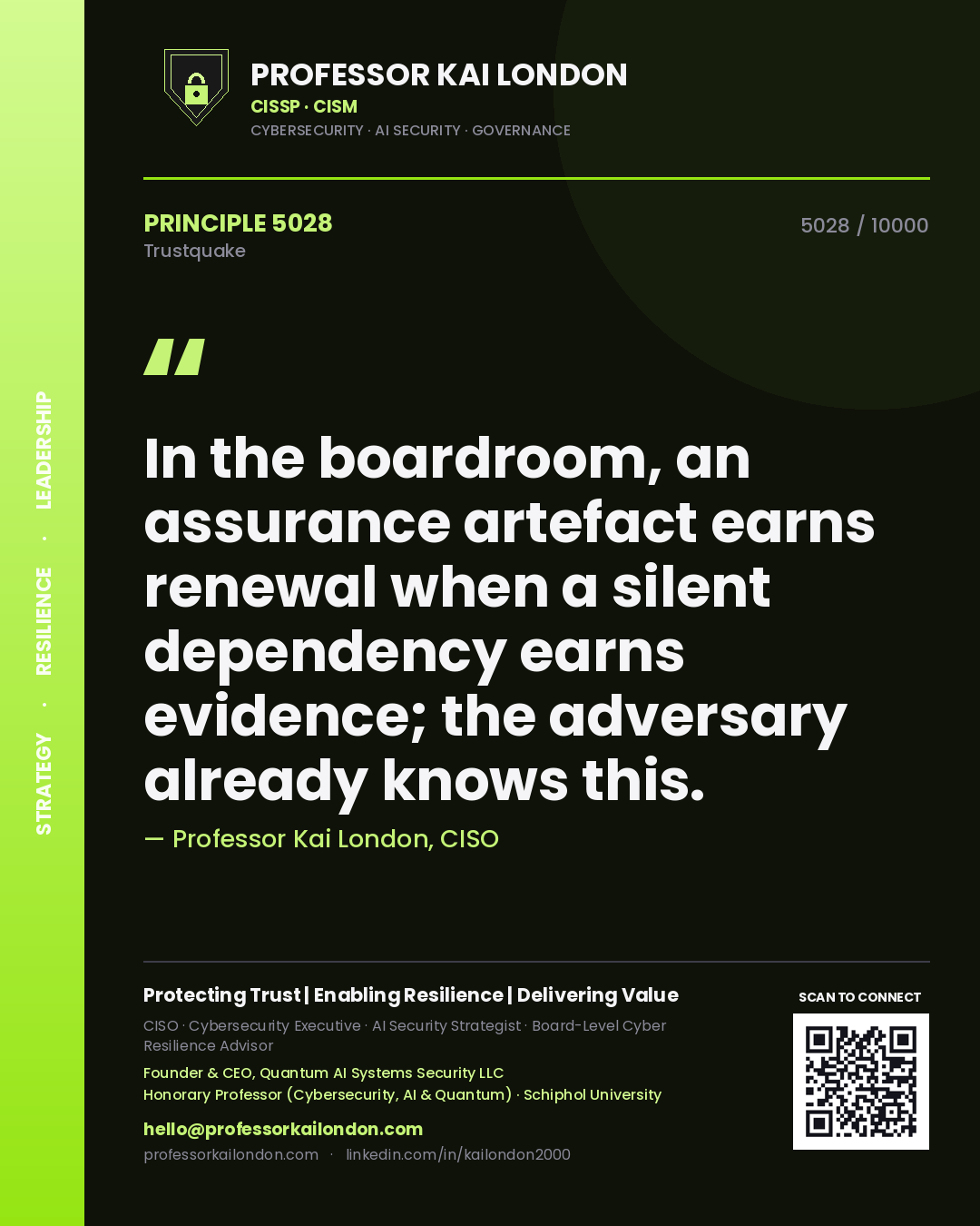 Quote card by Professor Kai London reading 'In the boardroom, an assurance artefact earns renewal when a silent dependency earns evidence; the adversary already knows this.'. From the book Trustquake.