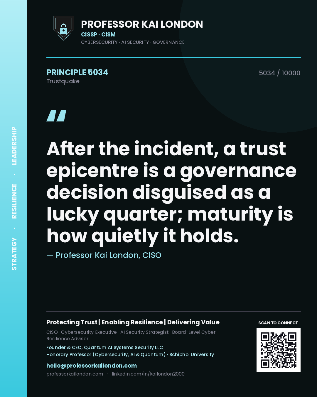 Quote card by Professor Kai London reading 'After the incident, a trust epicentre is a governance decision disguised as a lucky quarter; maturity is how quietly it holds.'. From the book Trustquake.