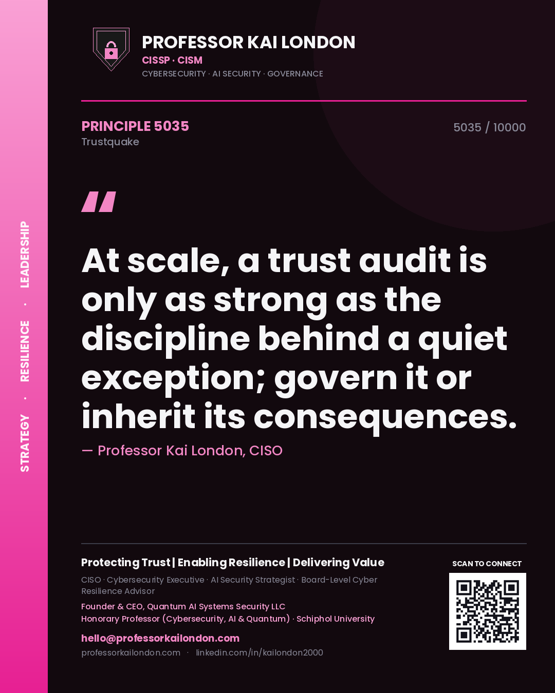 Quote card by Professor Kai London reading 'At scale, a trust audit is only as strong as the discipline behind a quiet exception; govern it or inherit its consequences.'. From the book Trustquake.