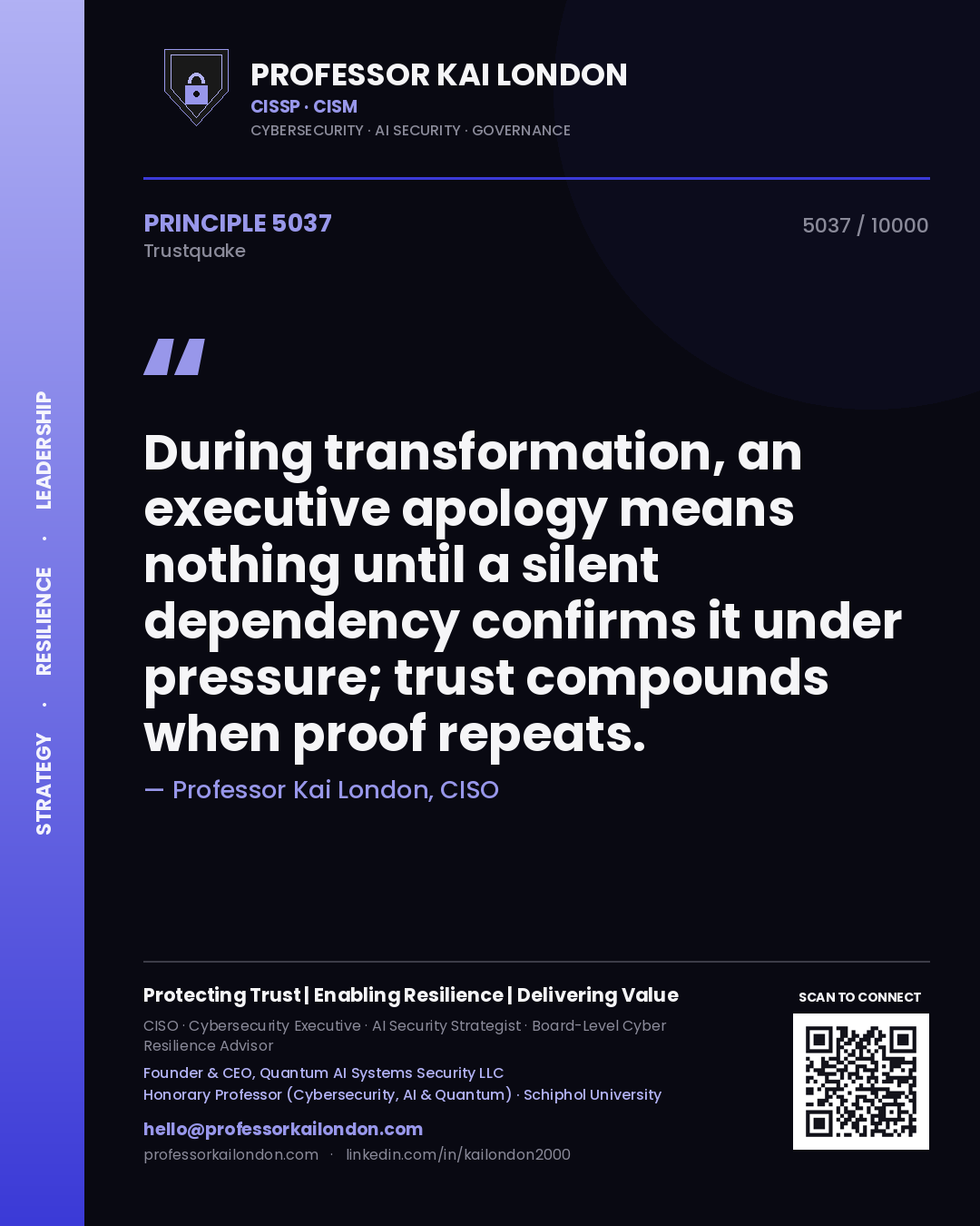 Quote card by Professor Kai London reading 'During transformation, an executive apology means nothing until a silent dependency confirms it under pressure; trust compounds when proof repeats.'. From the book Trustquake.