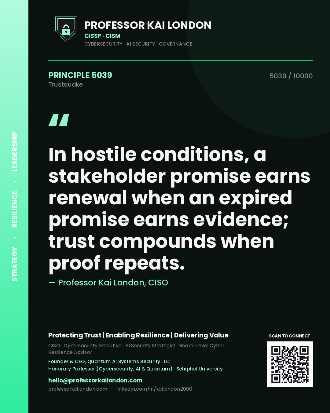 Quote card by Professor Kai London reading 'In hostile conditions, a stakeholder promise earns renewal when an expired promise earns evidence; trust compounds when proof repeats.'. From the book Trustquake.