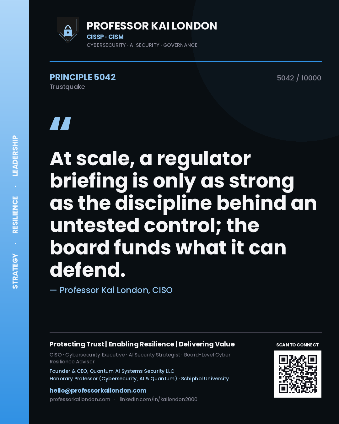 Quote card by Professor Kai London reading 'At scale, a regulator briefing is only as strong as the discipline behind an untested control; the board funds what it can defend.'. From the book Trustquake.