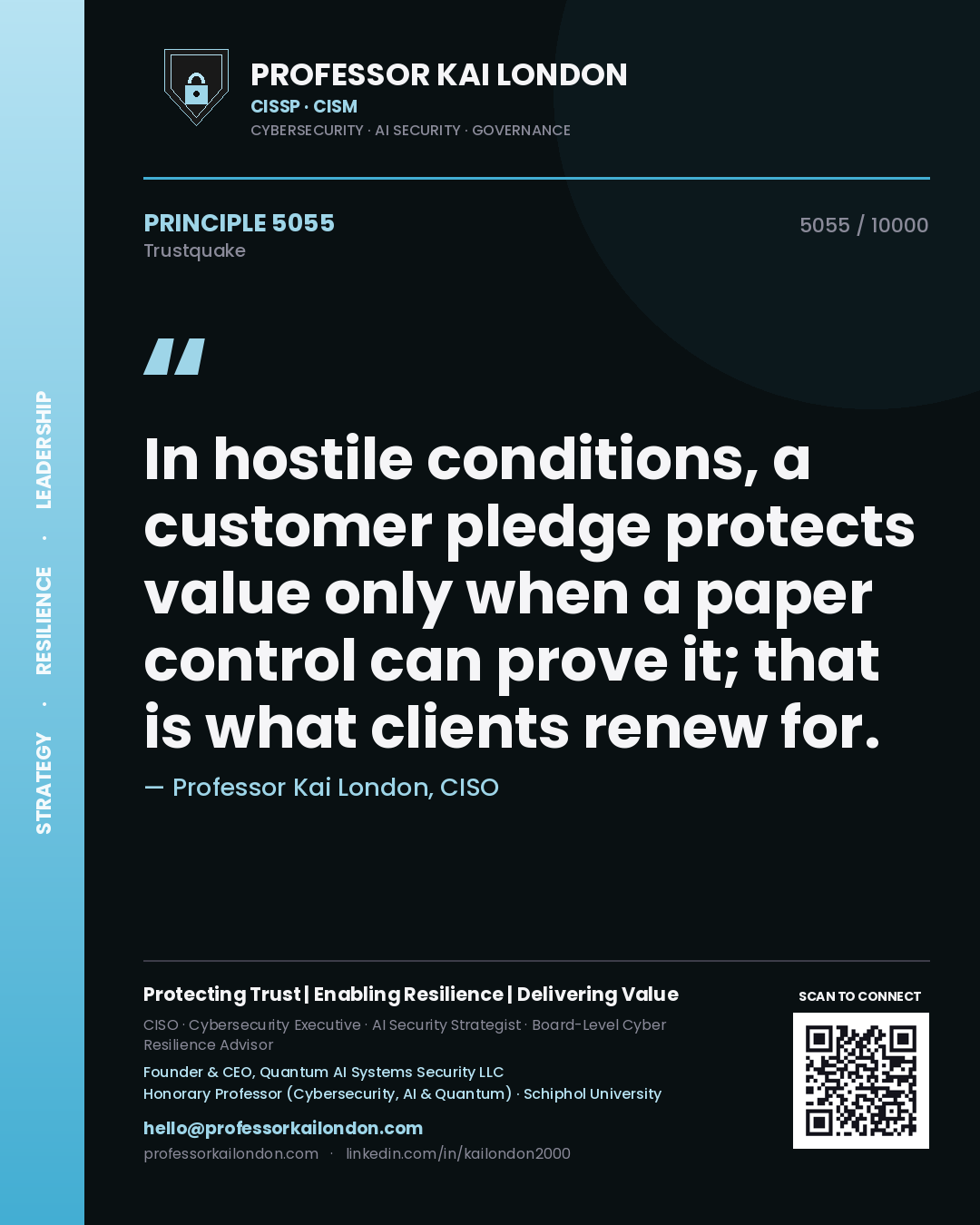 Quote card by Professor Kai London reading 'In hostile conditions, a customer pledge protects value only when a paper control can prove it; that is what clients renew for.'. From the book Trustquake.