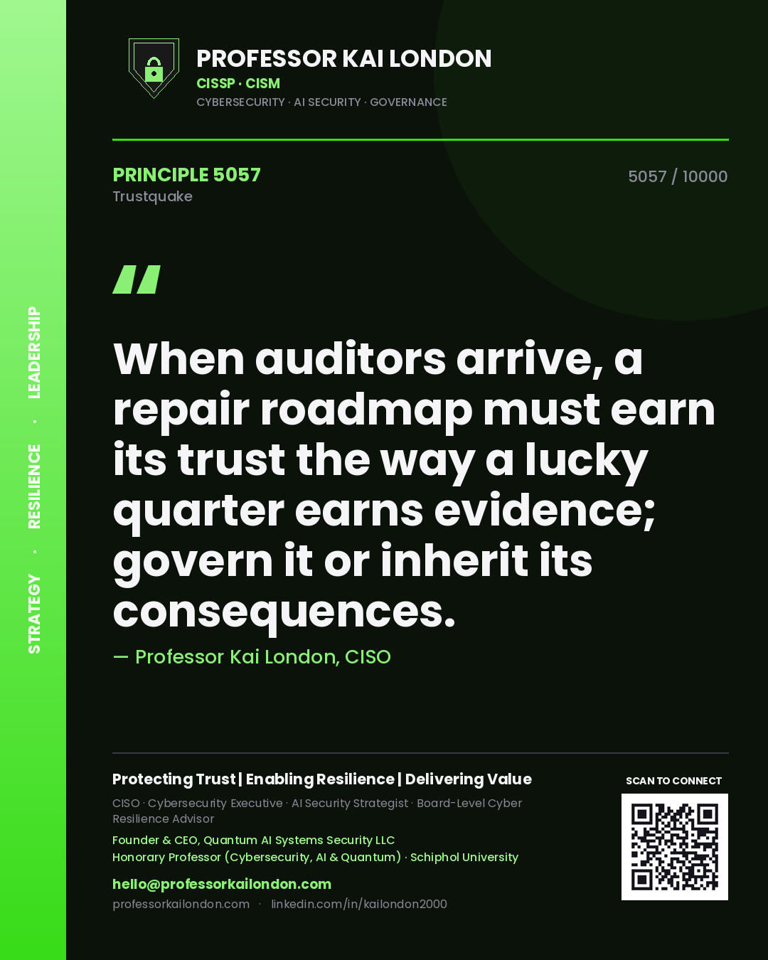 Quote card by Professor Kai London reading 'When auditors arrive, a repair roadmap must earn its trust the way a lucky quarter earns evidence; govern it or inherit its consequences.'. From the book Trustquake.