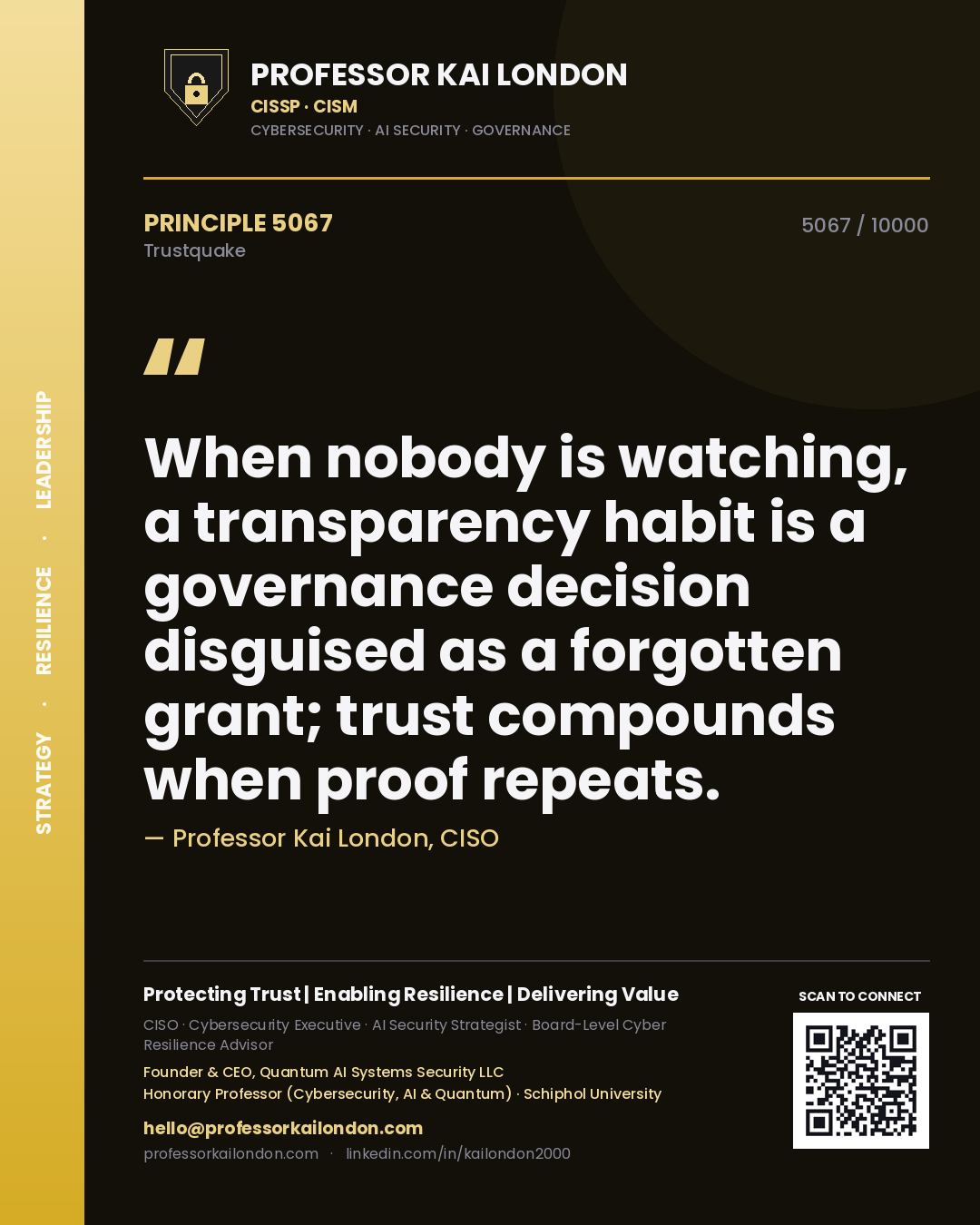 Quote card by Professor Kai London reading 'When nobody is watching, a transparency habit is a governance decision disguised as a forgotten grant; trust compounds when proof repeats.'. From the book Trustquake.