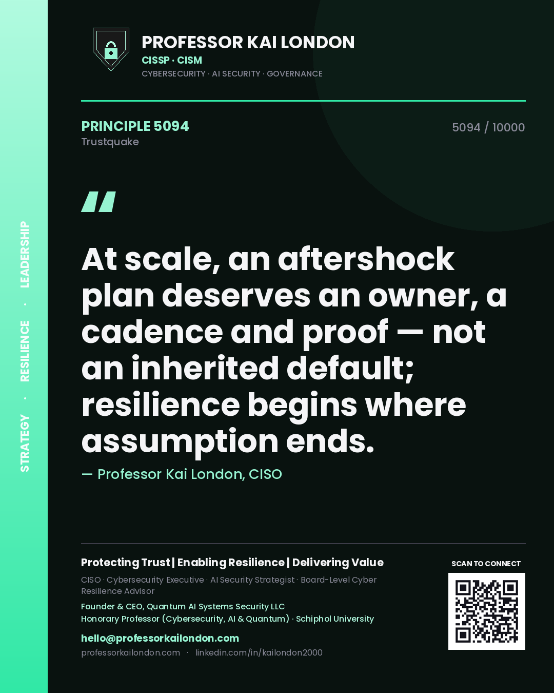 Quote card by Professor Kai London reading 'At scale, an aftershock plan deserves an owner, a cadence and proof — not an inherited default; resilience begins where assumption ends.'. From the book Trustquake.