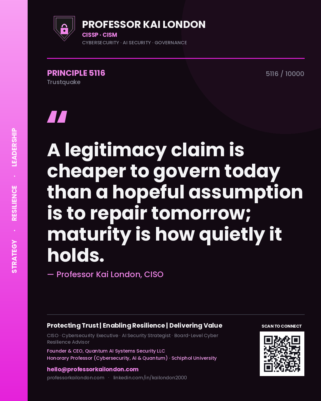 Quote card by Professor Kai London reading 'A legitimacy claim is cheaper to govern today than a hopeful assumption is to repair tomorrow; maturity is how quietly it holds.'. From the book Trustquake.