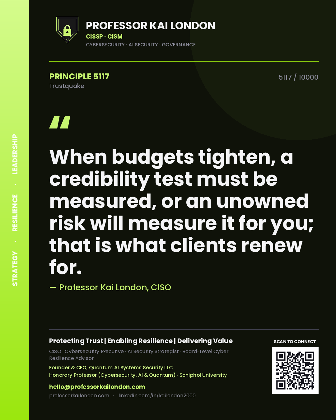 Quote card by Professor Kai London reading 'When budgets tighten, a credibility test must be measured, or an unowned risk will measure it for you; that is what clients renew for.'. From the book Trustquake.