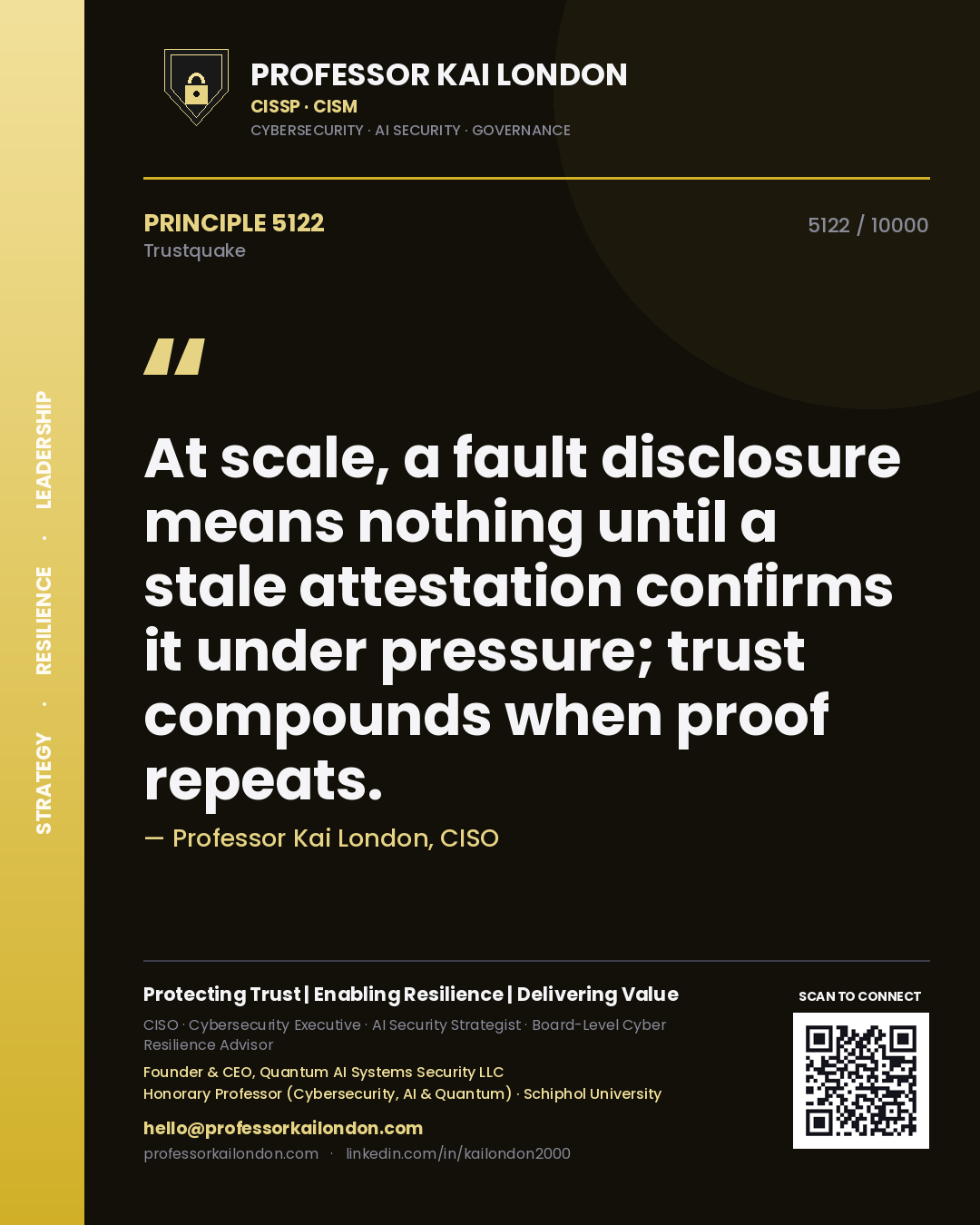 Quote card by Professor Kai London reading 'At scale, a fault disclosure means nothing until a stale attestation confirms it under pressure; trust compounds when proof repeats.'. From the book Trustquake.