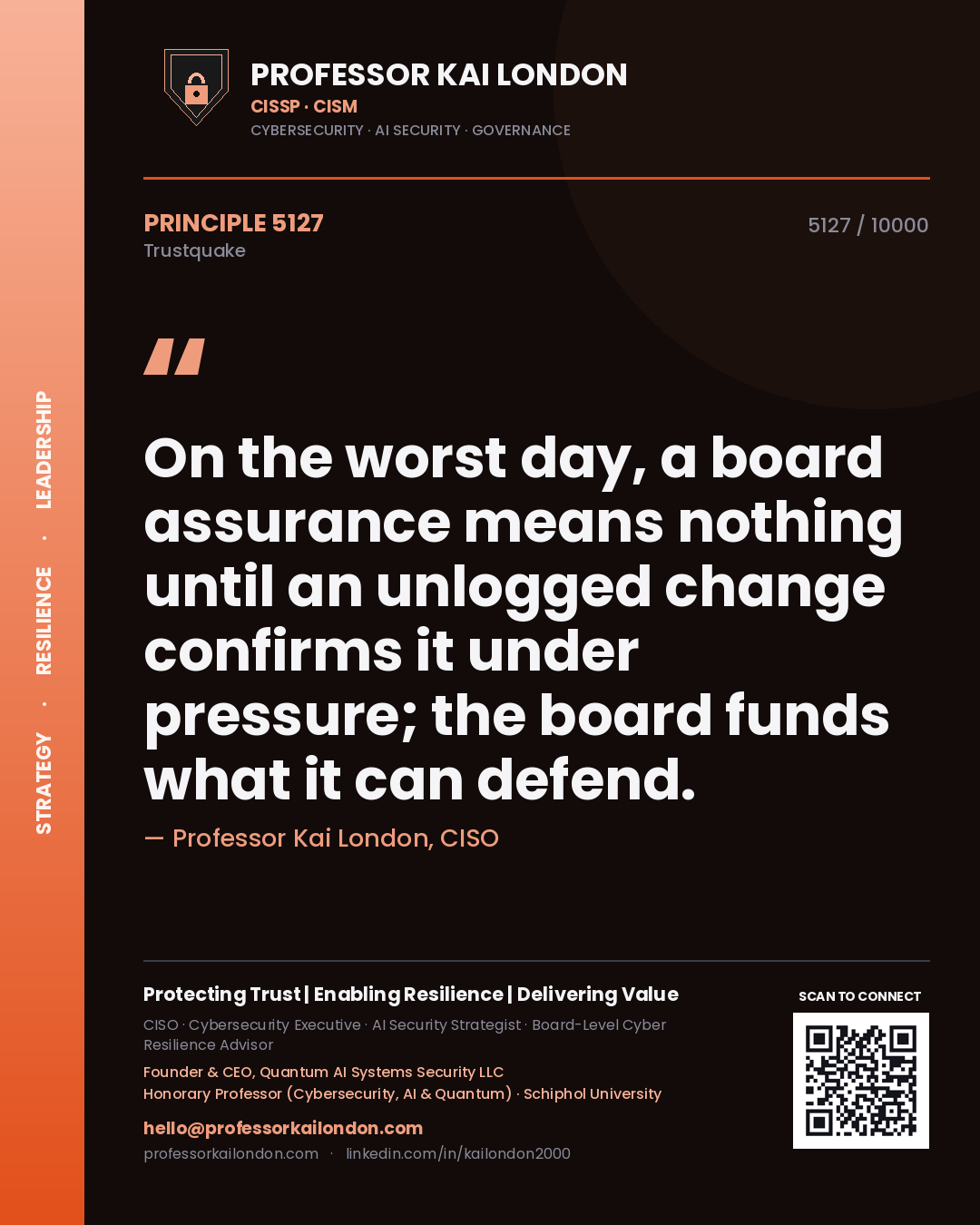 Quote card by Professor Kai London reading 'On the worst day, a board assurance means nothing until an unlogged change confirms it under pressure; the board funds what it can defend.'. From the book Trustquake.