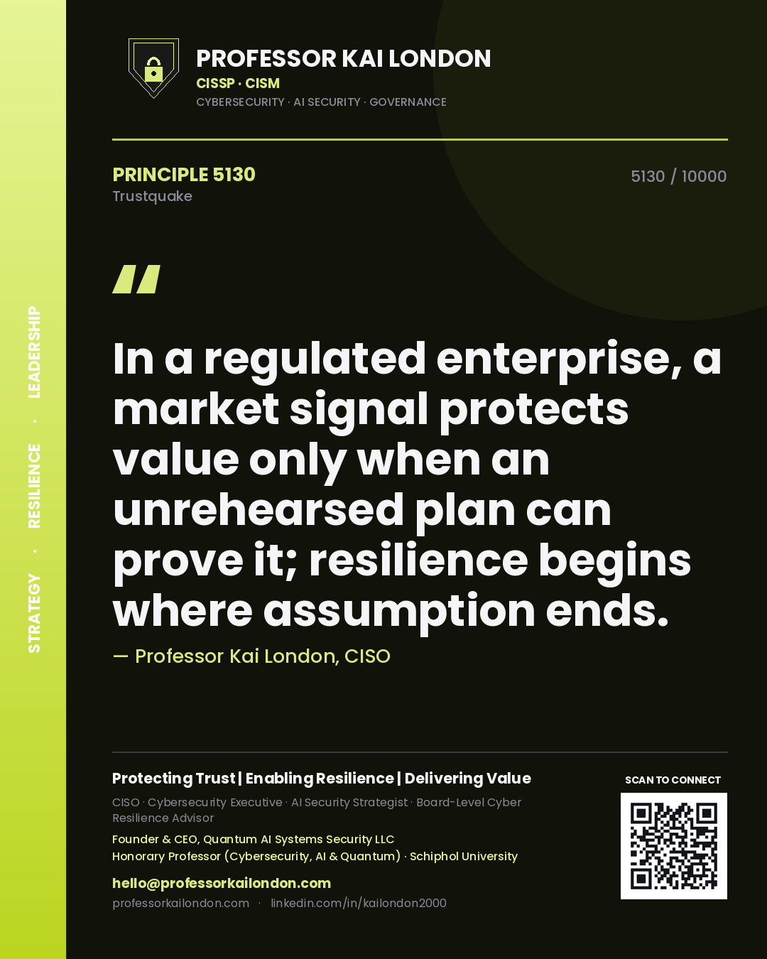 Quote card by Professor Kai London reading 'In a regulated enterprise, a market signal protects value only when an unrehearsed plan can prove it; resilience begins where assumption ends.'. From the book Trustquake.