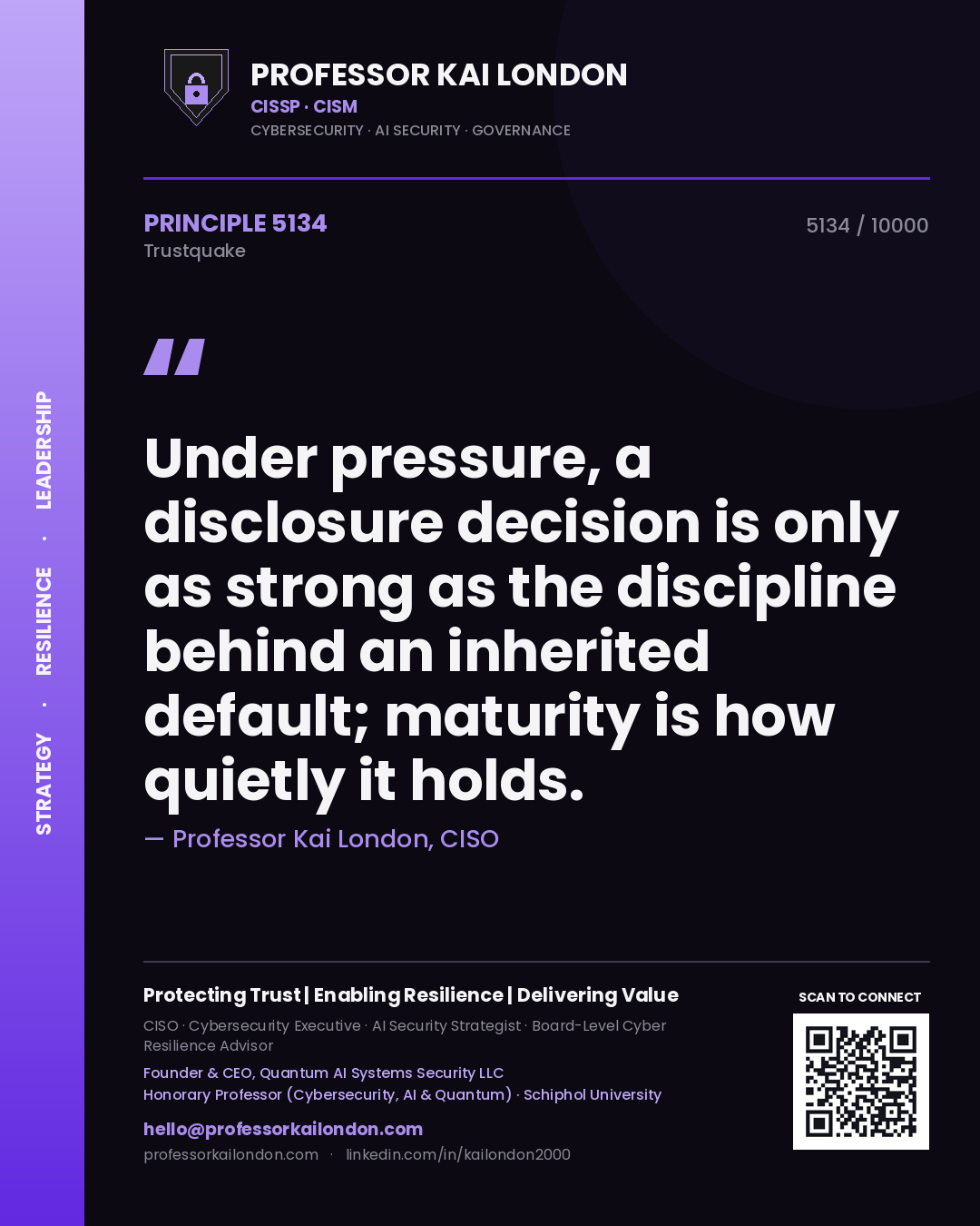 Quote card by Professor Kai London reading 'Under pressure, a disclosure decision is only as strong as the discipline behind an inherited default; maturity is how quietly it holds.'. From the book Trustquake.