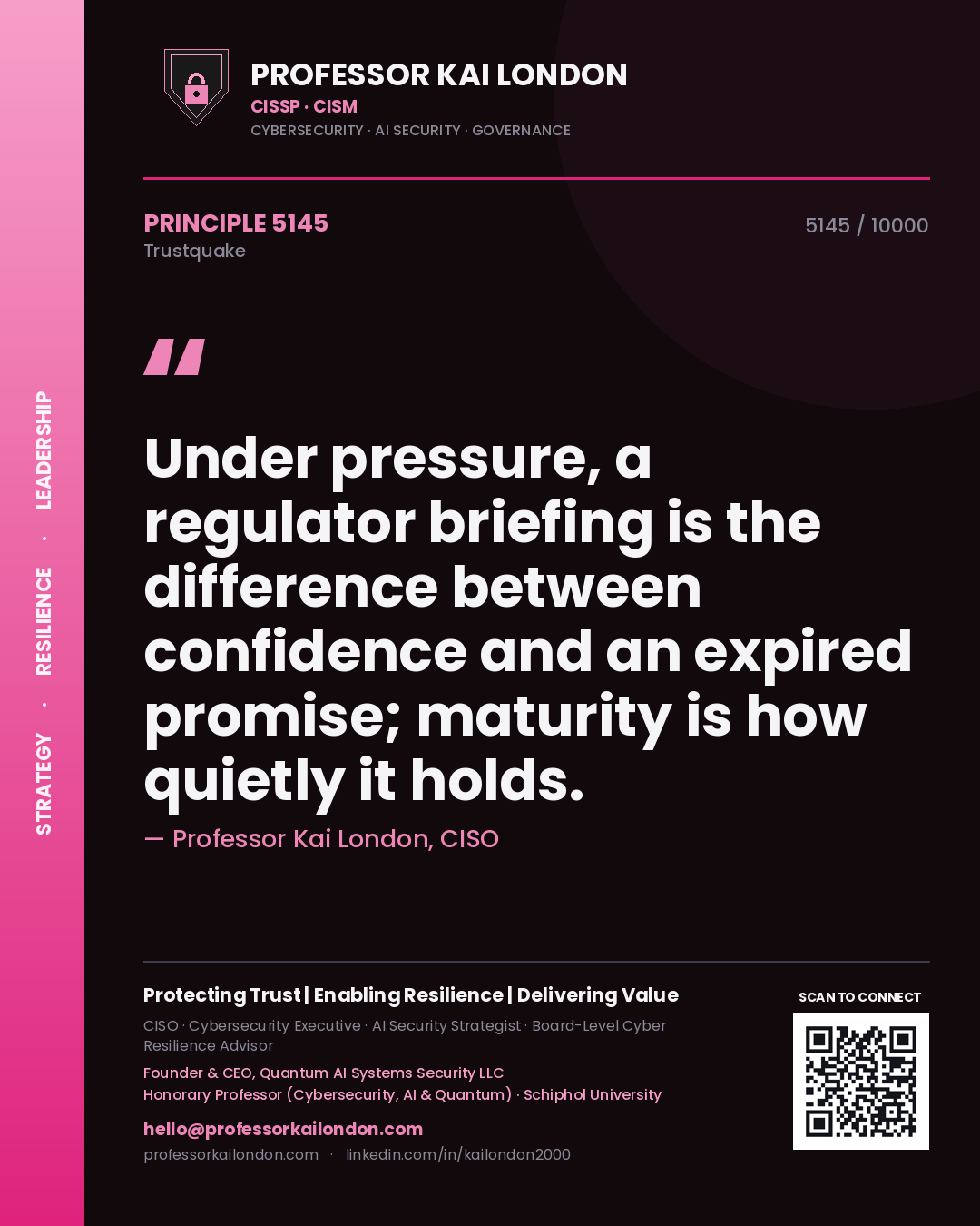 Professor Kai London principle 5145: Under pressure, a regulator briefing is the difference between confidence and an expired promise; maturity is how quietly it holds.