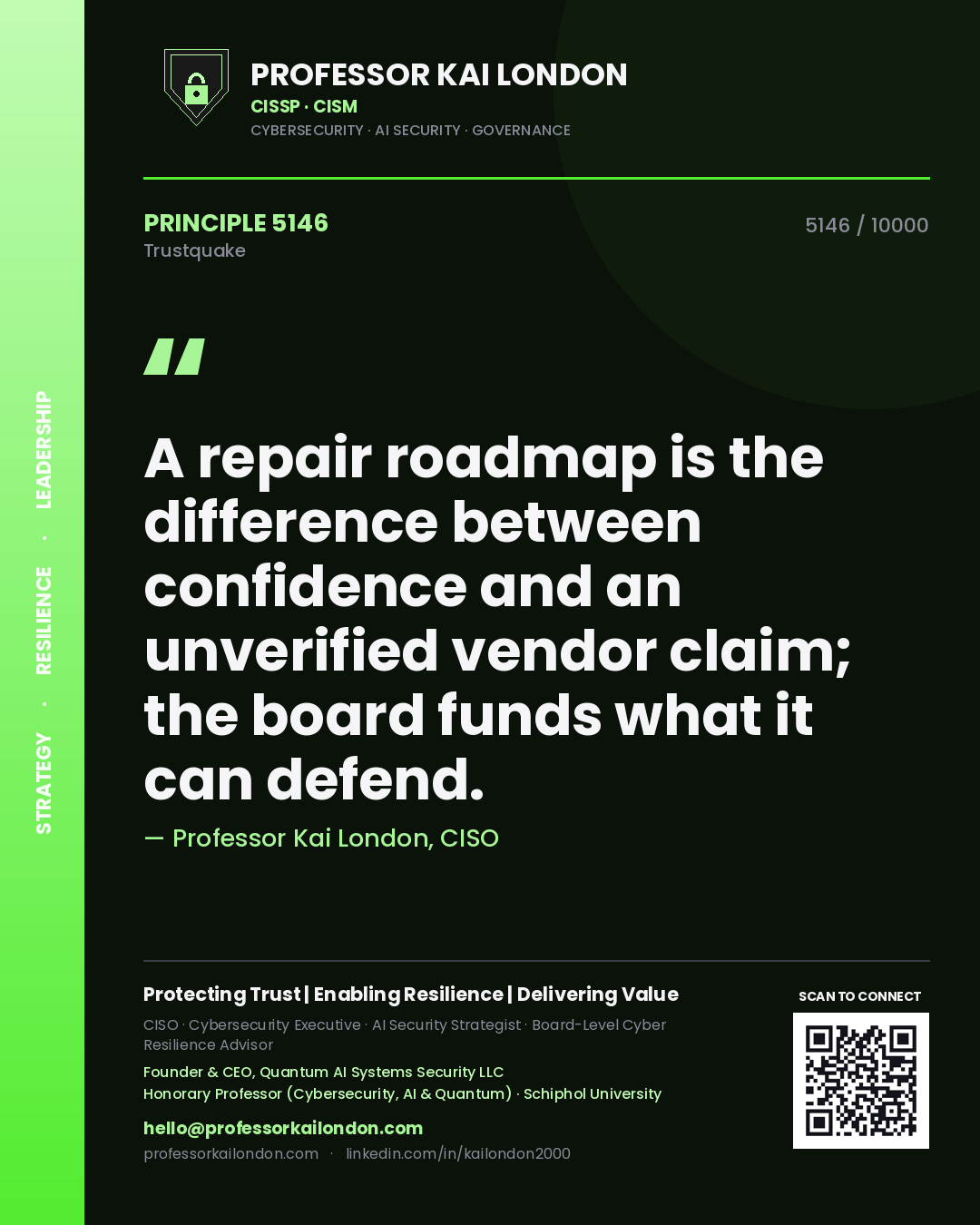 Quote card by Professor Kai London reading 'A repair roadmap is the difference between confidence and an unverified vendor claim; the board funds what it can defend.'. From the book Trustquake.