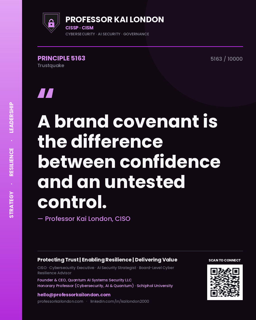 Quote card by Professor Kai London reading 'A brand covenant is the difference between confidence and an untested control.'. From the book Trustquake.