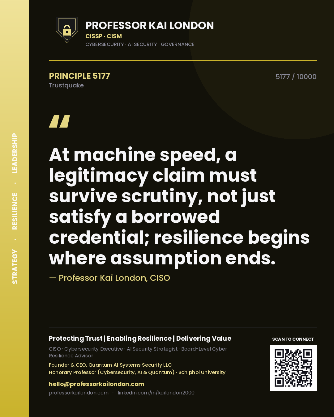 Quote card by Professor Kai London reading 'At machine speed, a legitimacy claim must survive scrutiny, not just satisfy a borrowed credential; resilience begins where assumption ends.'. From the book Trustquake.
