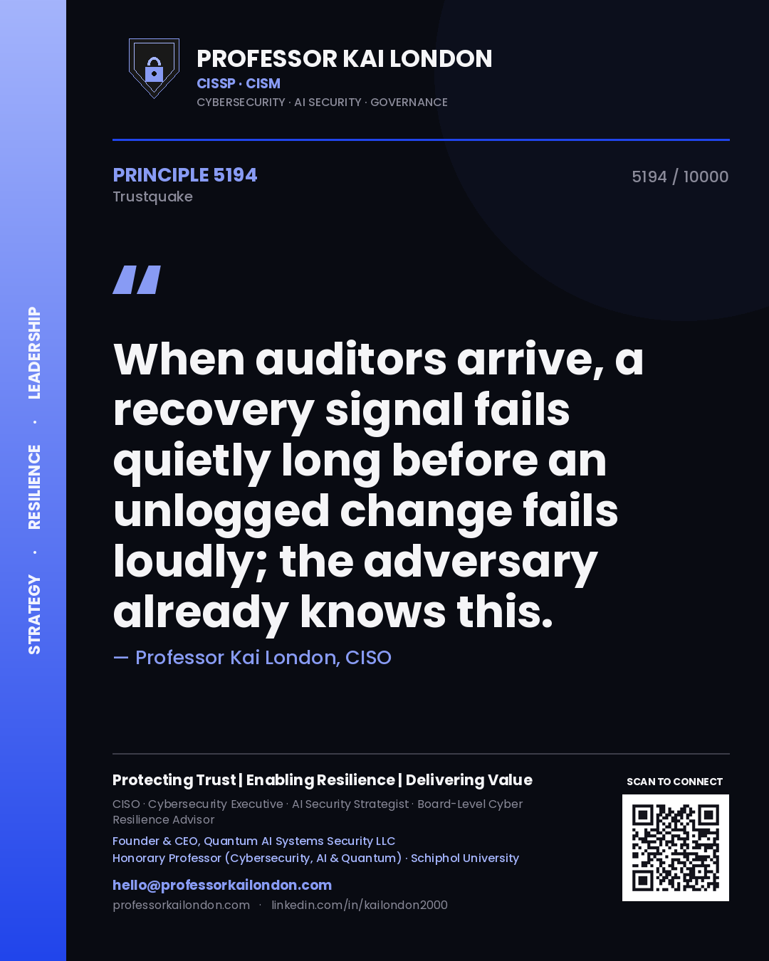 Quote card by Professor Kai London reading 'When auditors arrive, a recovery signal fails quietly long before an unlogged change fails loudly; the adversary already knows this.'. From the book Trustquake.