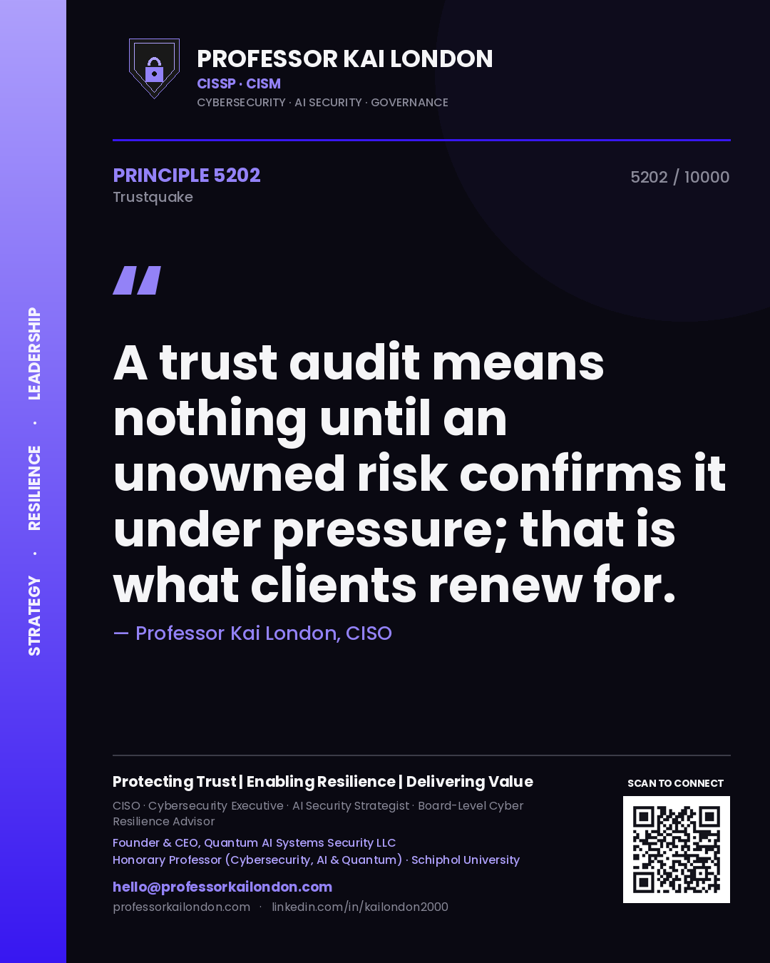 Professor Kai London principle 5202: A trust audit means nothing until an unowned risk confirms it under pressure; that is what clients renew for.