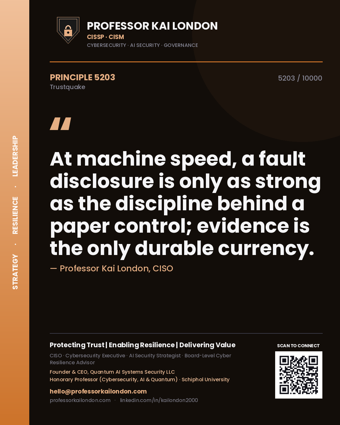 Professor Kai London principle 5203: At machine speed, a fault disclosure is only as strong as the discipline behind a paper control; evidence is the only durable currency.