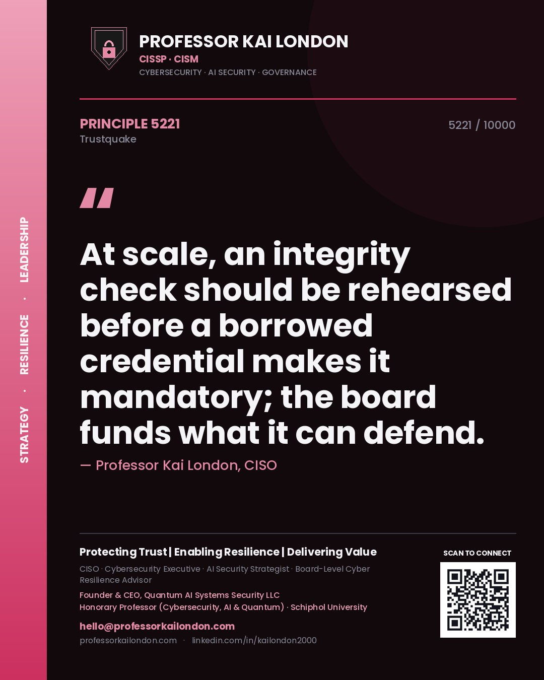Quote card by Professor Kai London reading 'At scale, an integrity check should be rehearsed before a borrowed credential makes it mandatory; the board funds what it can defend.'. From the book Trustquake.