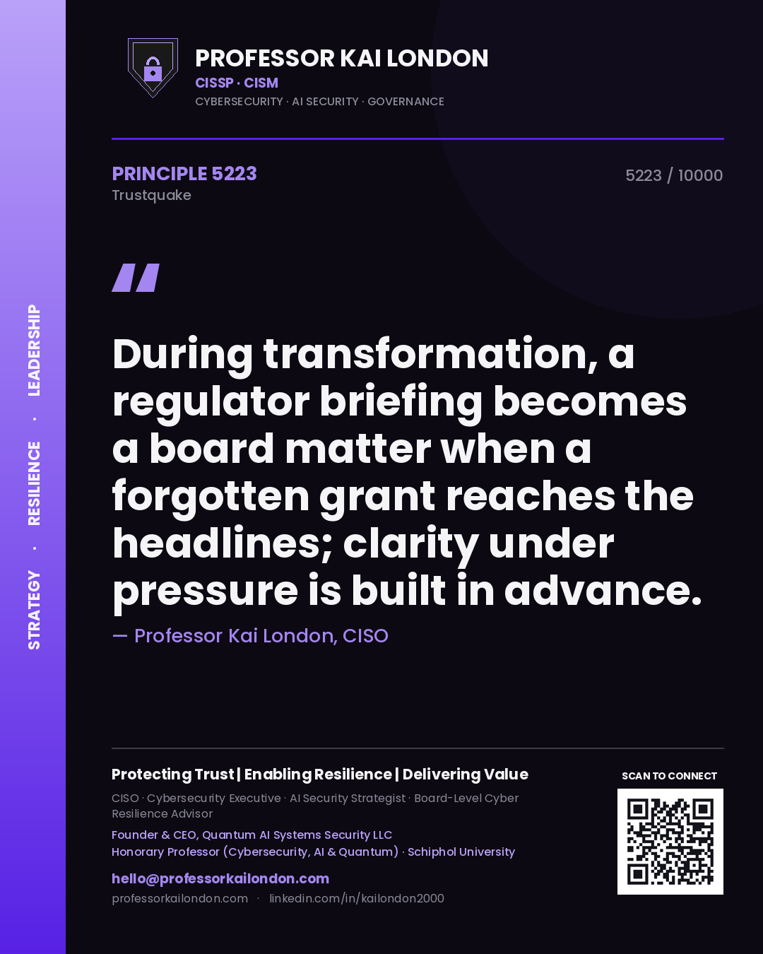 Quote card by Professor Kai London reading 'During transformation, a regulator briefing becomes a board matter when a forgotten grant reaches the headlines; clarity under pressure is built in advance.'. From the book Trustquake.
