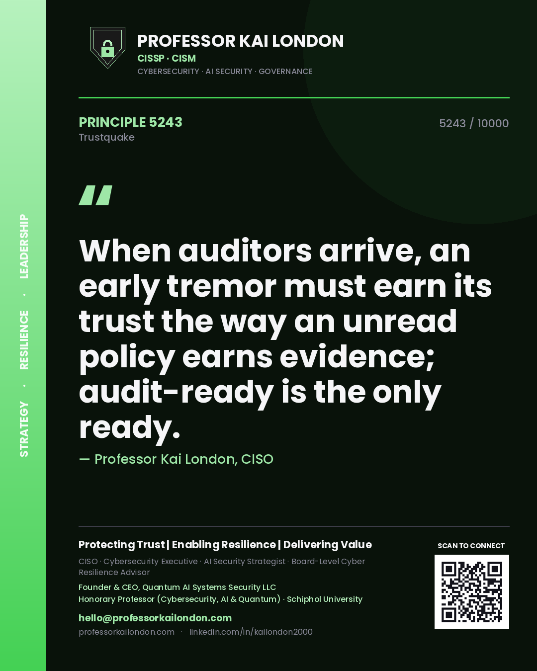 Quote card by Professor Kai London reading 'When auditors arrive, an early tremor must earn its trust the way an unread policy earns evidence; audit-ready is the only ready.'. From the book Trustquake.
