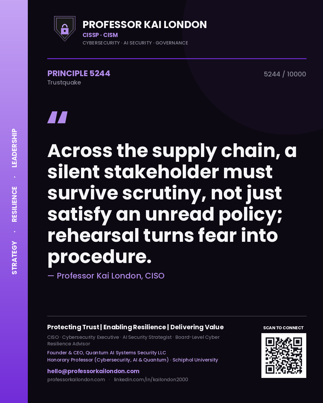 Quote card by Professor Kai London reading 'Across the supply chain, a silent stakeholder must survive scrutiny, not just satisfy an unread policy; rehearsal turns fear into procedure.'. From the book Trustquake.