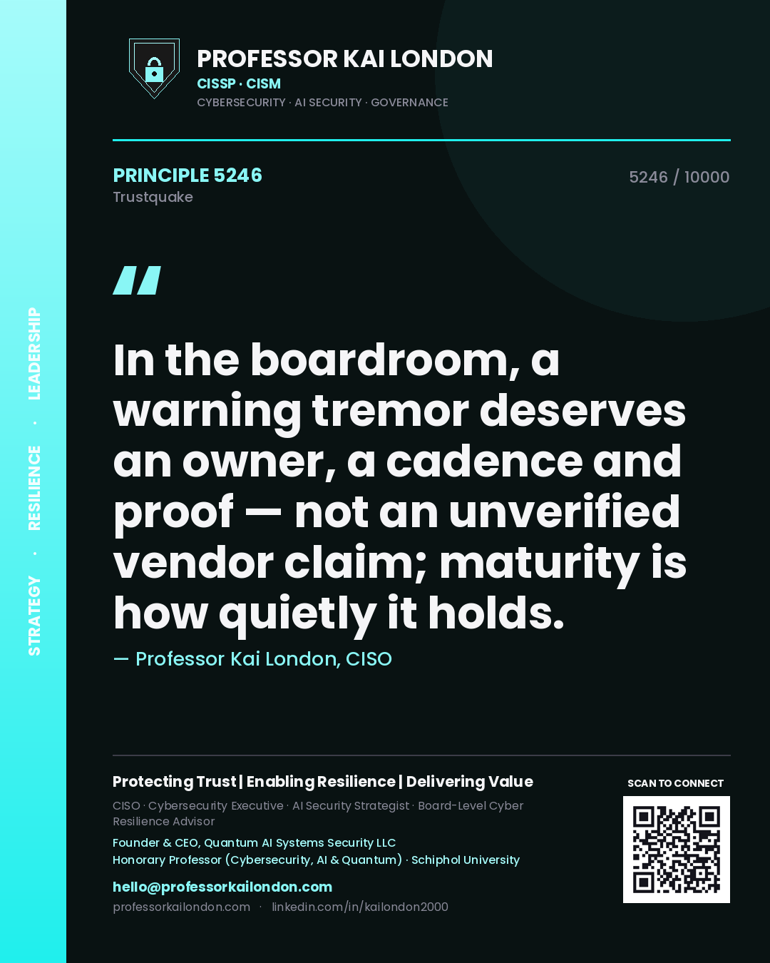Quote card by Professor Kai London reading 'In the boardroom, a warning tremor deserves an owner, a cadence and proof — not an unverified vendor claim; maturity is how quietly it holds.'. From the book Trustquake.
