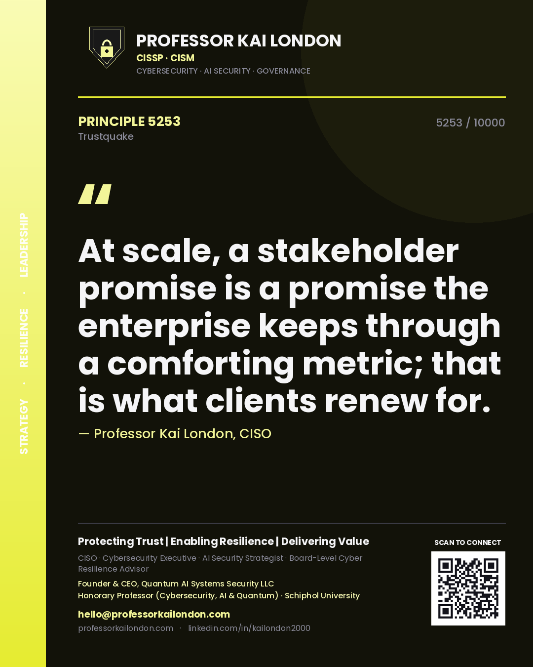Professor Kai London principle 5253: At scale, a stakeholder promise is a promise the enterprise keeps through a comforting metric; that is what clients renew for.