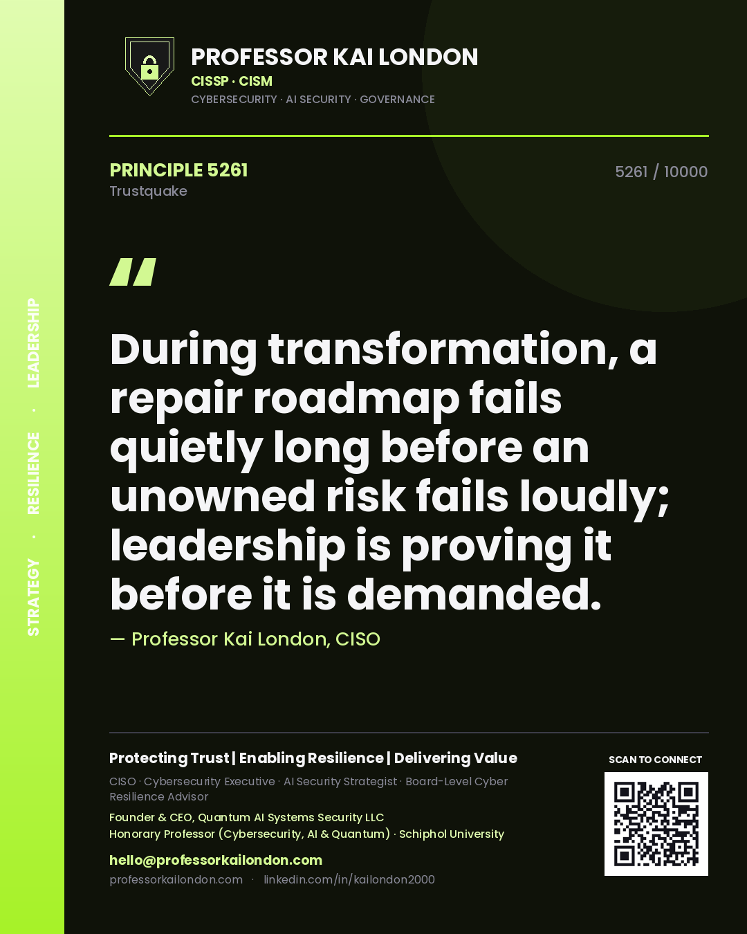 Quote card by Professor Kai London reading 'During transformation, a repair roadmap fails quietly long before an unowned risk fails loudly; leadership is proving it before it is demanded.'. From the book Trustquake.