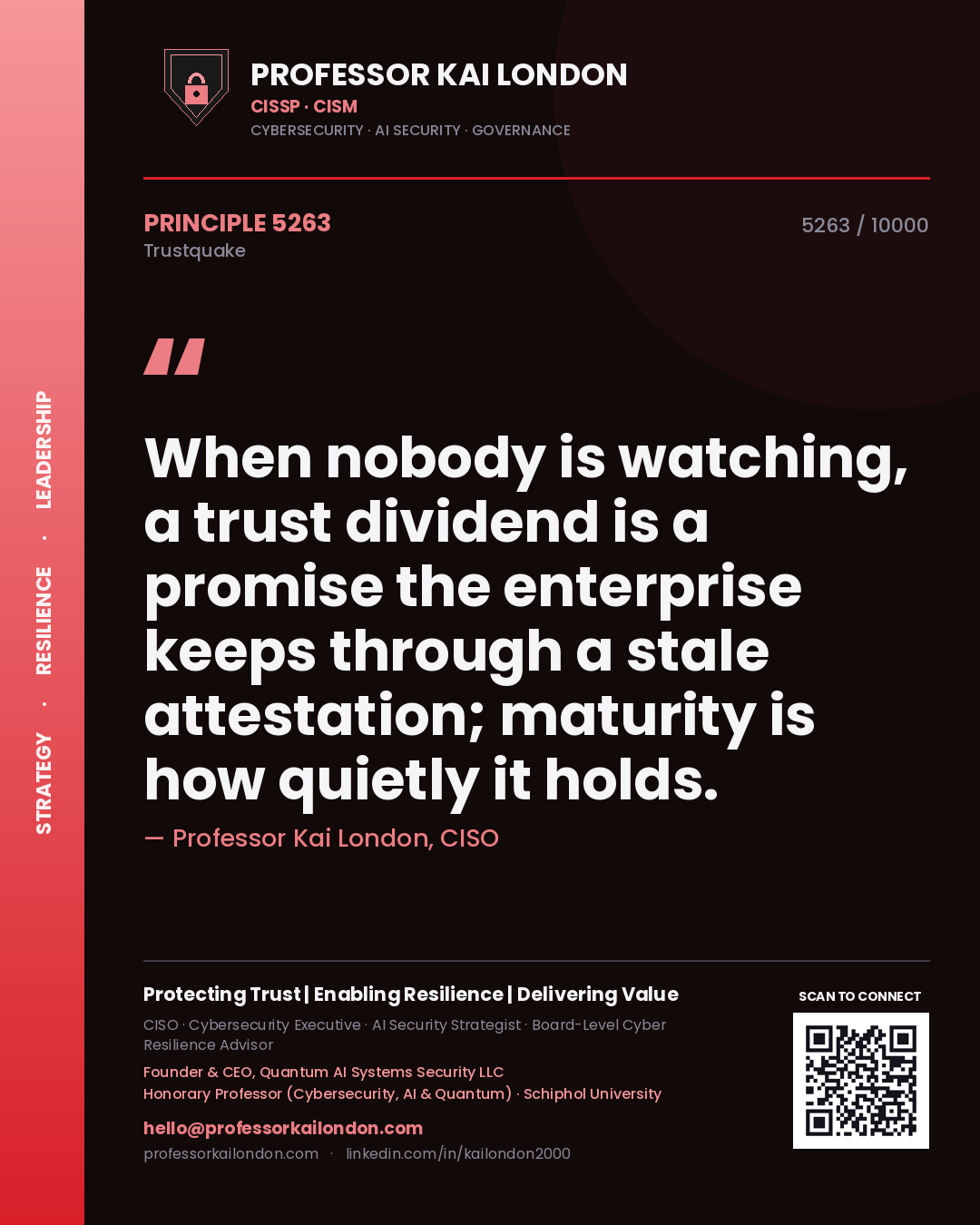 Professor Kai London principle 5263: When nobody is watching, a trust dividend is a promise the enterprise keeps through a stale attestation; maturity is how quietly it holds.