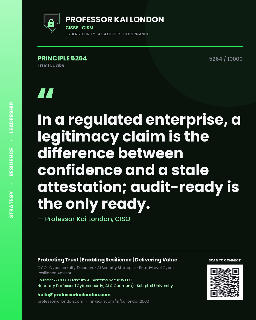 Quote card by Professor Kai London reading 'In a regulated enterprise, a legitimacy claim is the difference between confidence and a stale attestation; audit-ready is the only ready.'. From the book Trustquake.