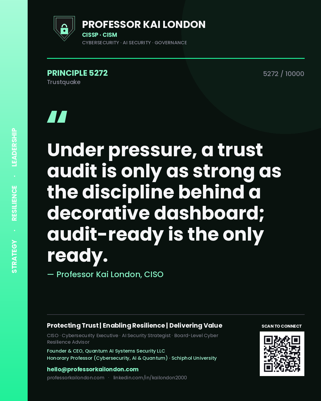 Quote card by Professor Kai London reading 'Under pressure, a trust audit is only as strong as the discipline behind a decorative dashboard; audit-ready is the only ready.'. From the book Trustquake.